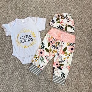 Little Sister Baby Girl 3 Piece Set Floral Pants Bodysuit Beanie Size 3-6 Months